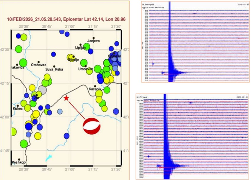 Na slici levo, prikazan je položaj epicentra zemljotresa koji je registrovan 10. februara u 22:05 po lokalnom vremenu, koji je označen simbolom crvene zvezde, kao i tip njegovog mehanizma žarišta, na karti epicentara ranije dogođenih, jačih zemljotresa (označeni simbolom kruga), a na slikama desno su prikazani pojedinačni seizmogrami dogođenog zemljotresa na seizmološkim stanicama Nacionalne seizmološke mreže Republike Srbije - Bosilegrad (BOSS) i Prvonek (PRVS).