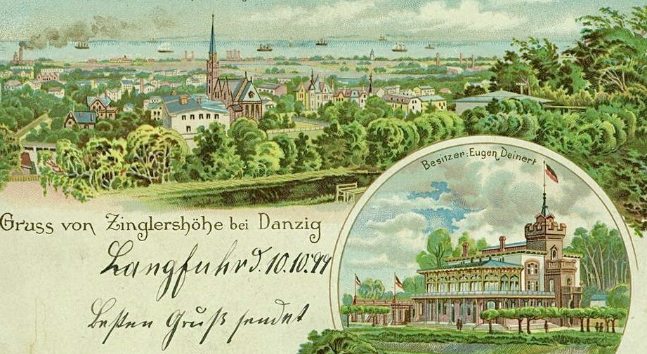 Panorama Wrzeszcza i Zatoki Gdańskiej z Góry Jana z 1900 r. - to jeden z najstarszych publicznych parków w Europie. W tle zabytkowy kościół Kolegiata Najświętszego Serca Jezusowego