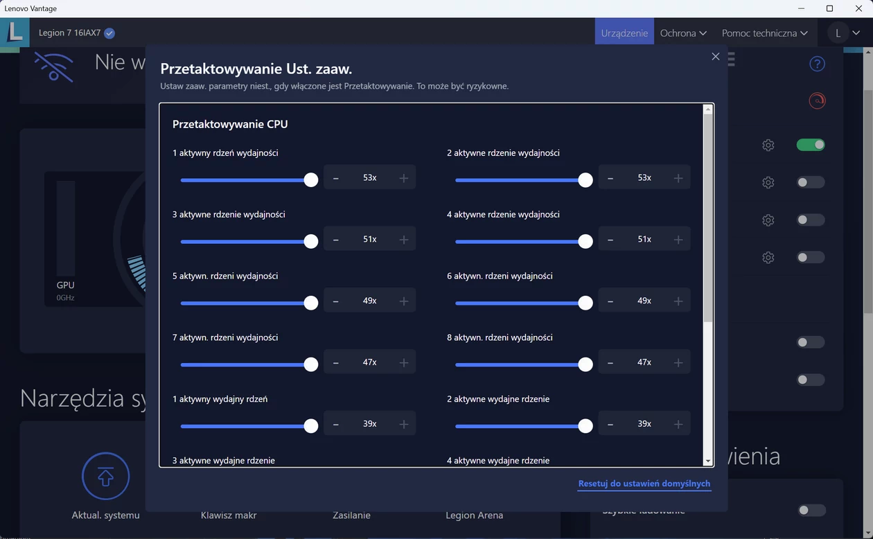 Lenovo Legion 7i (16IAX7) – Lenovo Vantage – przetaktowywanie CPU