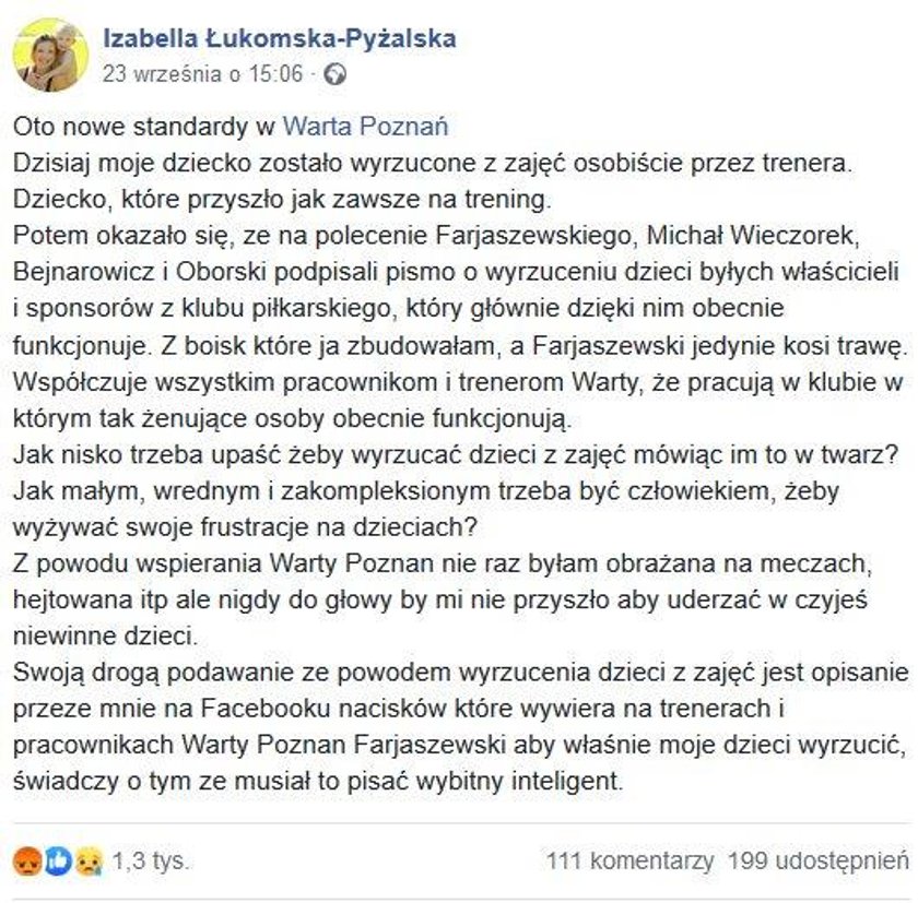 Poznań: dzieci Izabelli Łukomskiej-Pyżalskiej wyrzucone z drużyny Warty