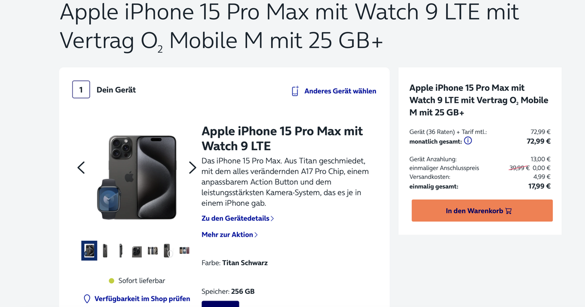 Only €13 deposit: iPhone 15 Max Pro and Apple Watch Series 9 are a bundle at O2