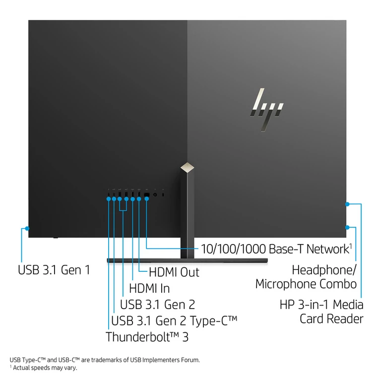 HP ENVY 32-a0006nw: Gniazda zamontowano tylko tylnej ściance oraz w poręcznym miejscu - na krawędziach. Model ten ma bogaty zestaw gniazd połączeniowych: ·1 gniazdo combo (słuchawki/mikrofon); 1 port USB 3.1 Gen 1 Type-A Z tyłu: 1 port USB 3.1 Gen 2 Type-C™ Thunderbolt ™ 3 (szybkość transmisji 40 Gb/s, Power Delivery 3.0, DisplayPort™ 1.2); 1 port USB 3.1 Gen 2 Type-C™; 2 porty USB 3.1 Gen 2 Type-A; 1 złącze RJ-45 Czytnik kart HP „3 w 1” Złącza wideo 1 port HDMI 2.0b; 1 port DisplayPort™