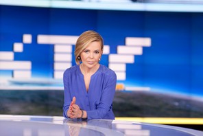 Justyna Pochanke w studiu TVN24 i Faktów TVN, kwiecień 2015 r.