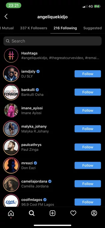 Angelique Kidjo follows DJ Sly on Instagram