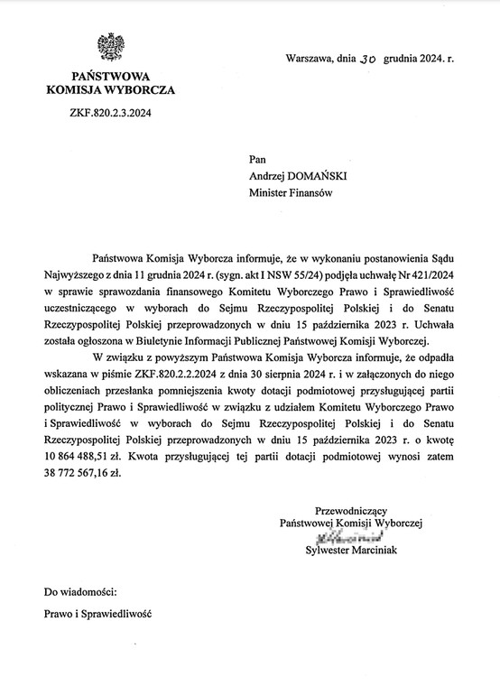Pismo szefa PKW Sylwestra Marciniaka do ministra finansów Andrzeja Domańskiego