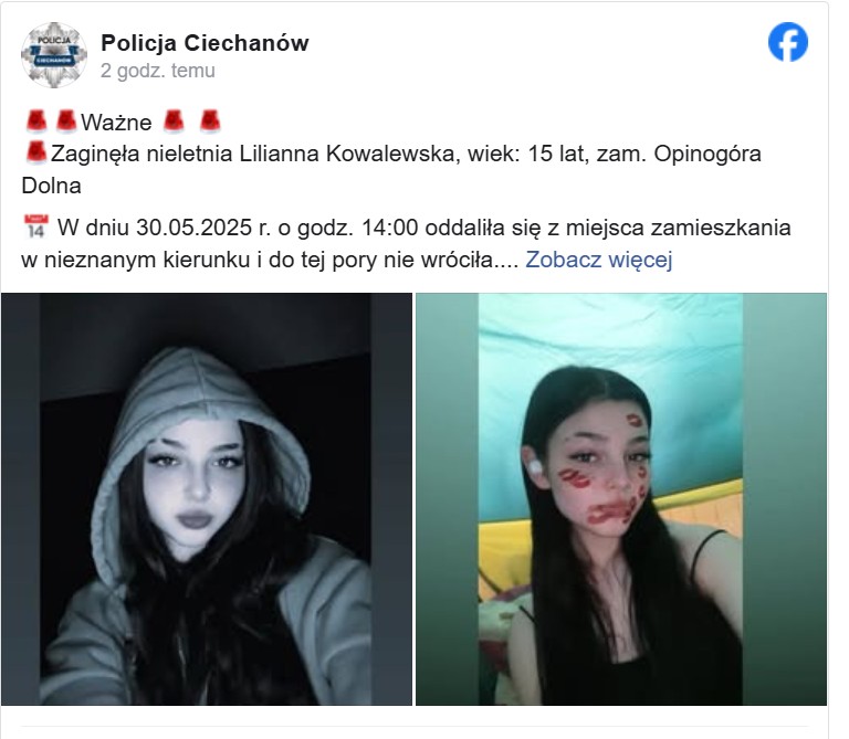 Zaginęła 15-letnia Lilianna z Opinogóry. Policja publikuje rysopis i apeluje o pomoc
