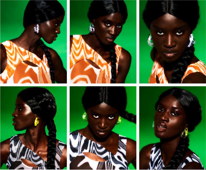 RAFAEL KOUTO Cut-out-Top in zwei Farbvarianten, aus Polyester-Deadstock. Issu Issu Ohrstecker Bambini come noi aus mundgeblasenem Glas, zwei Farbvarianten.