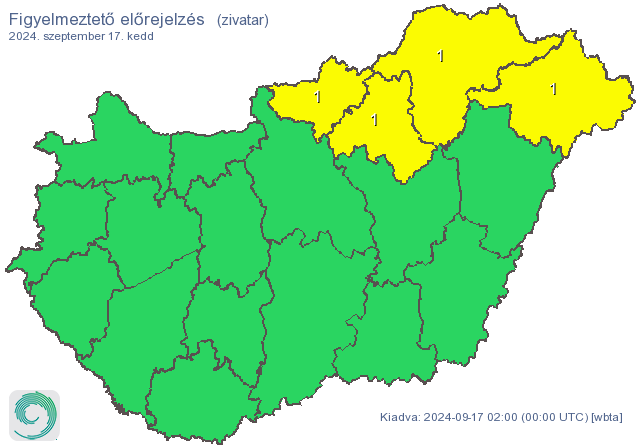 Zivatar miatt adtak ki figyelmeztető előrejelzést négy északkeleti vármegyére. Elsősorban a villámlás jelenthet veszélyforrást, mellett esetenként szélerősödés, jégeső előfordulhat / Grafika: MET