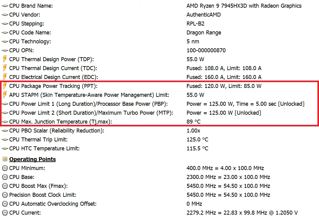 AMD Ryzen 9 7945HX3D – konfiguracja limitów mocy w laptopie Asus ROG Strix SCAR 17 (G733PYV) w trybie Turbo