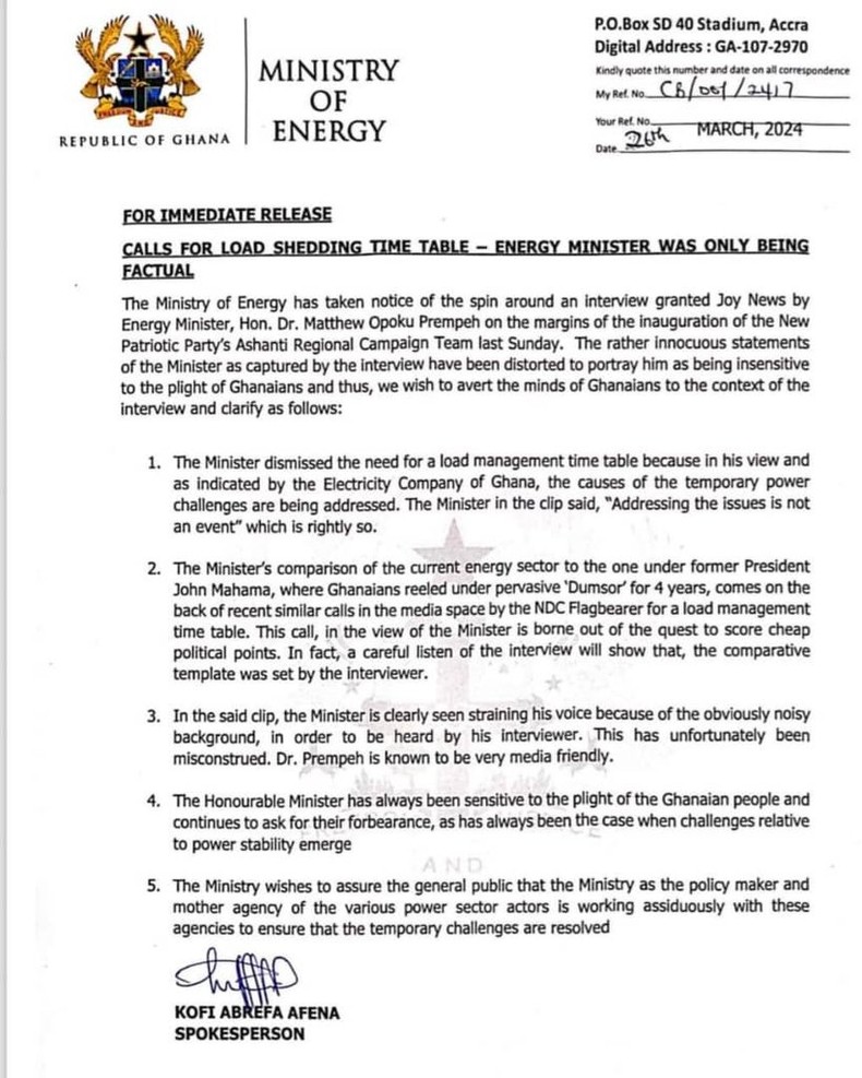 Energy Ministry letter