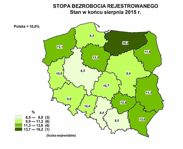 Stopa bezrobocia w województach w sierpniu 2015, źródło: GUS