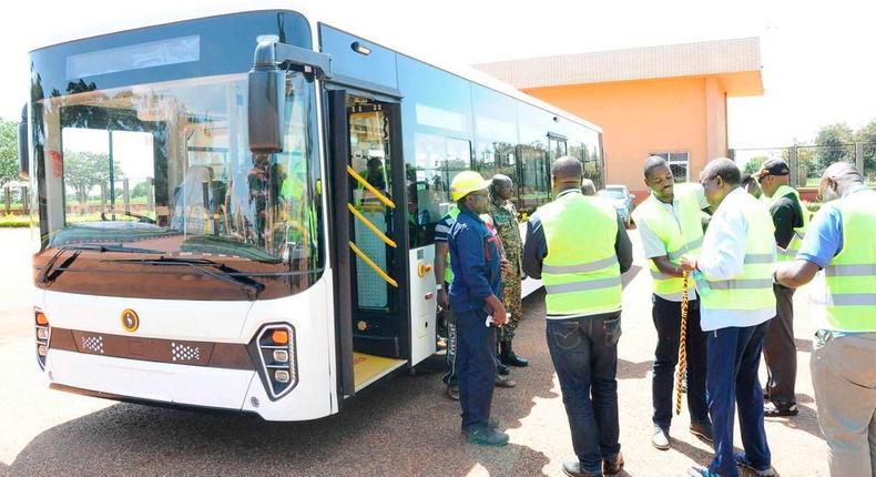The first prototype of Kiira Motors green mobility solution on view in Nakasongola Air Base, Uganda on November 16, 2019. PHOTO | FELIX MIRINGU