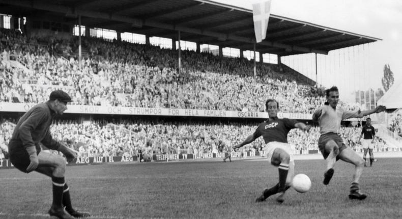 Lev Yashin kept goal for the Soviet Union at the 1958 World Cup in Sweden. He played in two more World Cups and was in the squad in 1970