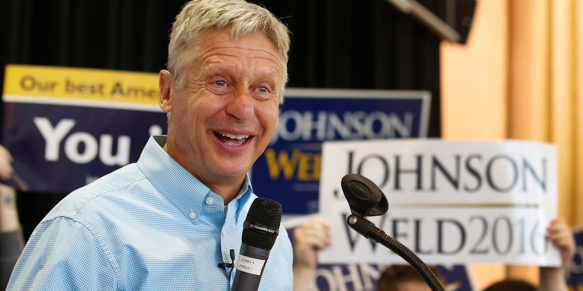 Libertarian presidential candidate Gary Johnson talks to a crowd of supporters at a rally on August 6, 2015, in Salt Lake City, Utah.