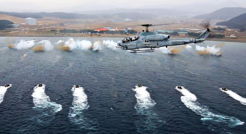 South Korean marines and the US 7th Marine Regiment take part in a mock amphibious landing.