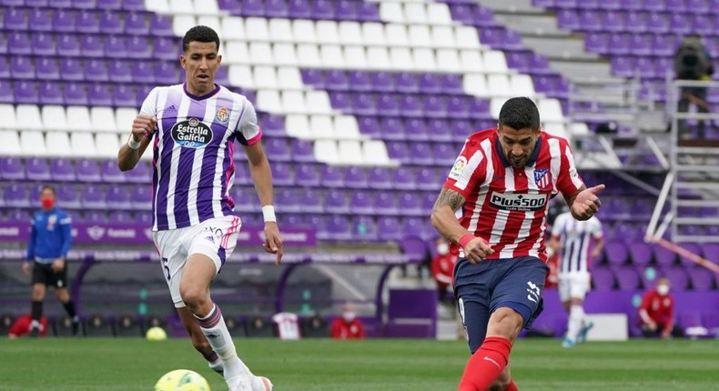 Winning moment: Atletico Madrid's Luis Suarez scores the title-clinching goal Creator: CESAR MANSO