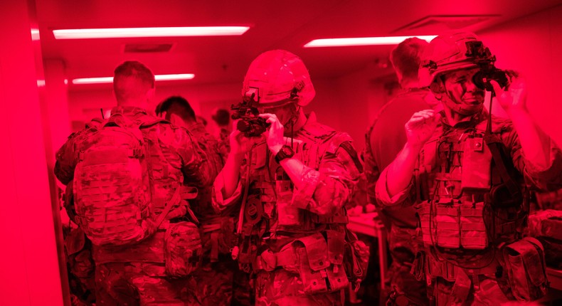 40 Commando, Royal Marines prepare before heading from RFA Lyme Bay on a night time raid as part of exercise 'Saif Sareea 3' on October 23, 2018 in the Arabian Sea, Oman.Photo by Dan Kitwood/Getty Images