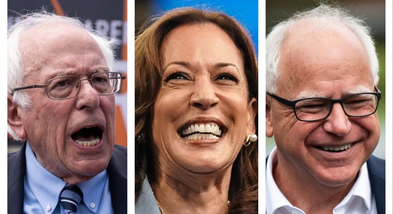 Bernie Sanders thinks Gov. Tim Walz could connect to working class voters.Drew Angerer/Getty Images //  ELIJAH NOUVELAGE/AFP via Getty Images // Stephen Maturen/Getty Images //