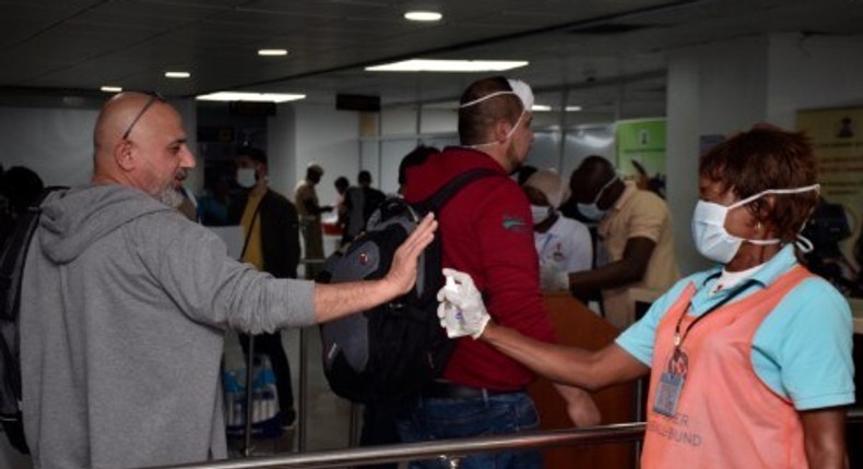 Nigerian Airports officials screening visitors coming into the country for Coronavirus. [Twitter/@MansurIB007]