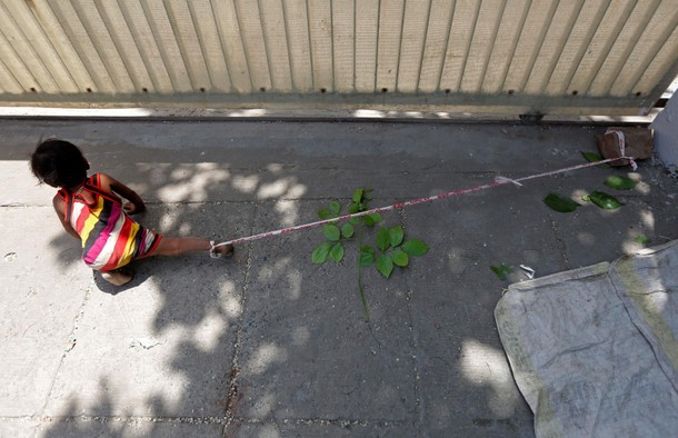 The Wider Image: Toddler tied to a rock while her parents work