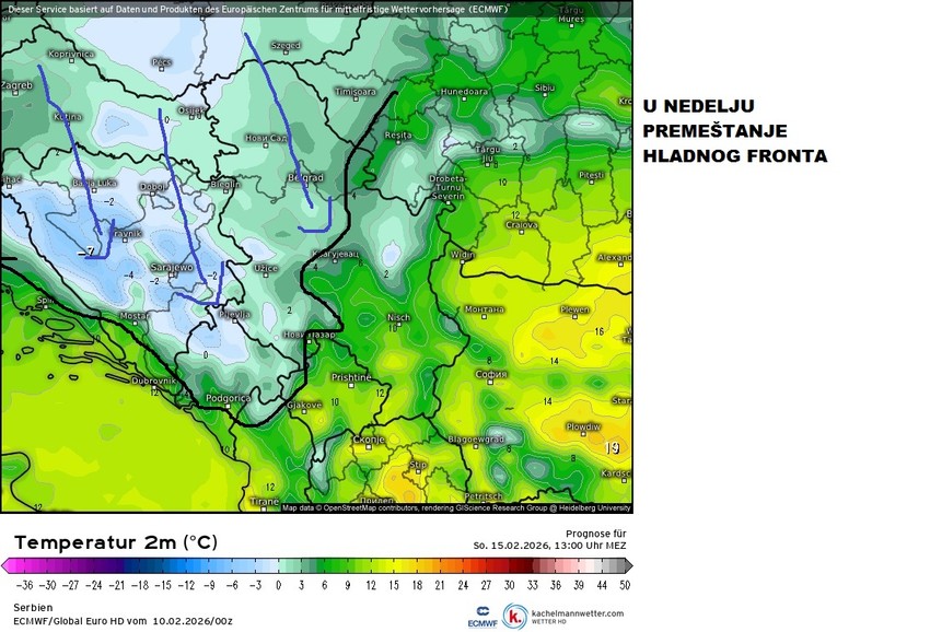 Premeštanje hladnog fronta u nedelju 15. februara