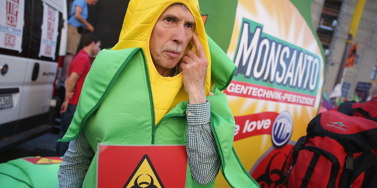 An activist dressed as an ear of corn and protesting against the U.S. agriculture company Monsanto attends a rally following a protest march attended by approximately 30,000 people against the upcoming G7 summit on June 4, 2015 in Munich, Germany.