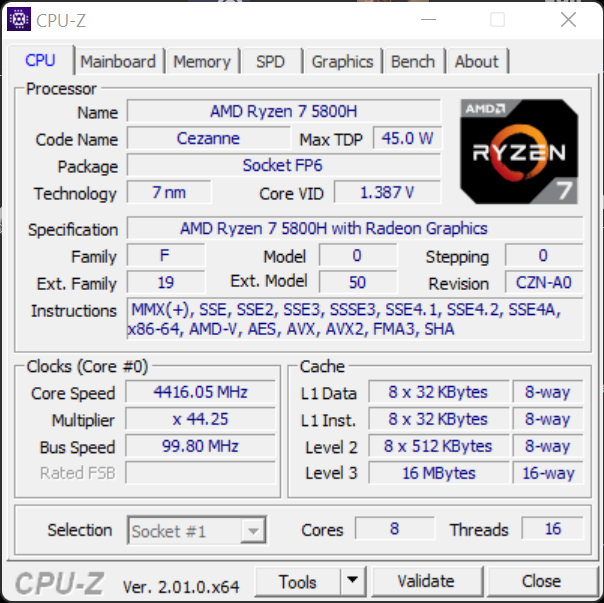 HP OMEN 16 (16-c0114nw) – CPU-Z – specyfikacja procesora AMD Ryzen 7 5800H