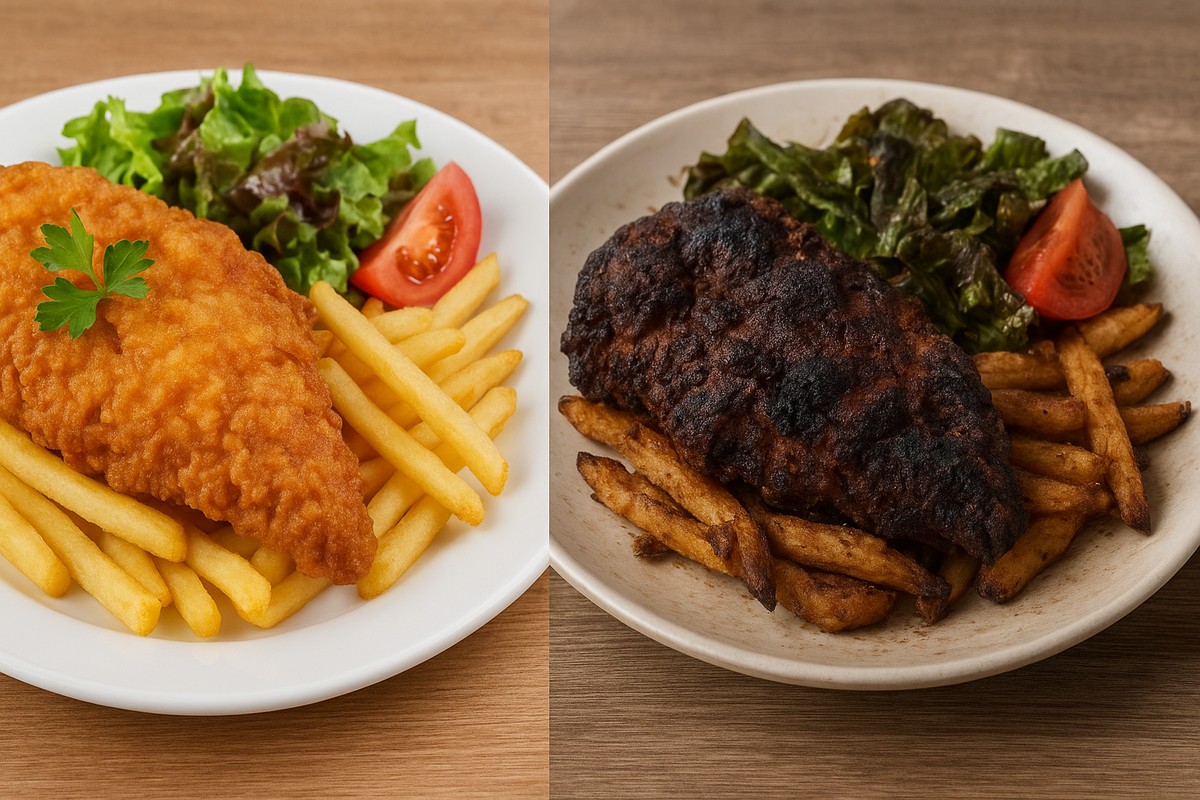 Jedzenie - frytki, mięso, sałatka