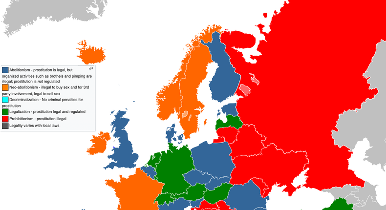 While laws vary, Europe has a more permissive attitude towards prostitution than in the US. In Germany, Switzerland, Austria, Greece, Turkey, the Netherlands, Hungary, and Latvia, prostitution is legal and regulated. In other countries, it is legal but not regulated.