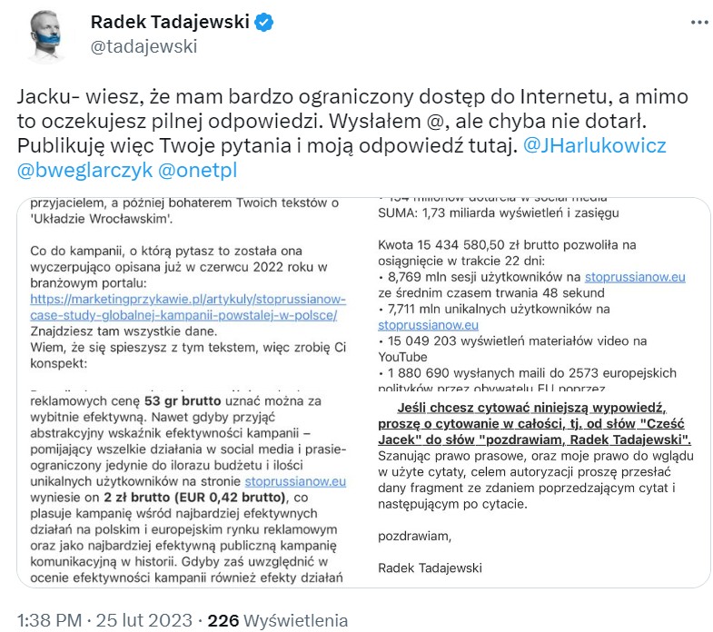 Oświadczenie Radosława Tadajewskiego zamieszczone na Twitterze 