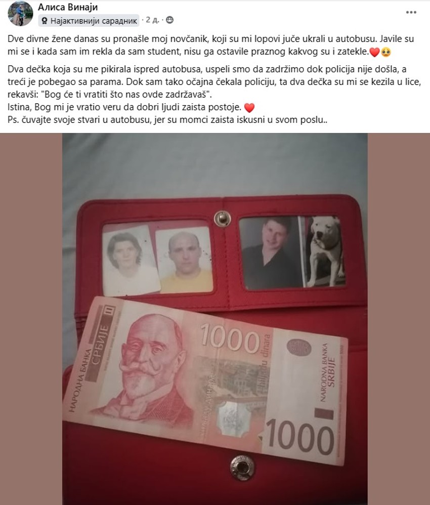 Alisina objava na Fejsbuku