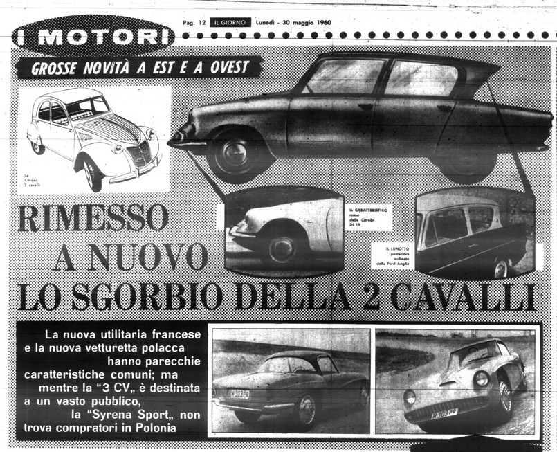 "La piu bella vettura costruita oltre Cortina", czyli "najpiękniejszy samochód zza żelaznej kurtyny" - tak włoska prasa nazwała syrenę sport, kiedy 52 lata temu jej zdjęcia wyciekły w świat. "Najpiękniejszy samochód zza żelaznej kurtyny" - skąd wzięło się to określenie? Cytowane jest za notatką zamieszczoną w magazynie "Motor" z czerwca 1960 roku. Była to krótka wzmianka o tym, że włoski dziennik "Il Giorno" wspomniał o polskiej syrenie sport. Jednak jak wyglądał ten artykuł, co konkretnie tam napisano, ile zdjęć opublikowano? Tego dotąd, nie wiedział nikt (zapewne oprócz pracującego wówczas w "Motorze" dziennikarza)...