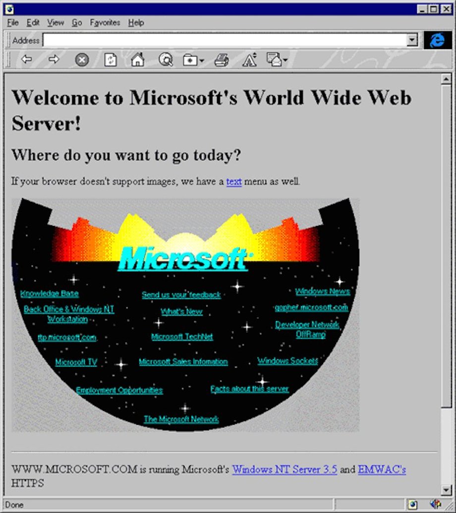 Strona internetowa Microsoftu z połowy lat 90.