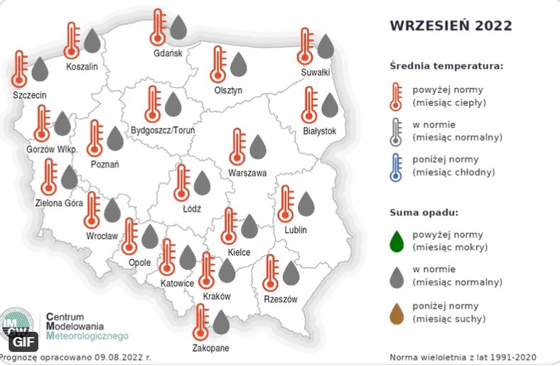 Prognoza temperatury i opadów na wrzesień