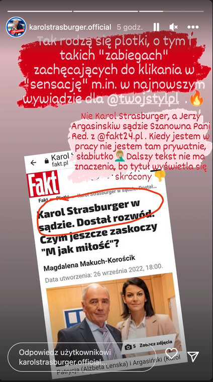 Karol Strasburger reaguje na plotki na Instagramie