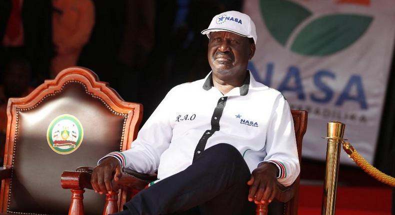 NASA principal Raila Odinga after he was unveiled as the opposition Presidential candidate for the August 8General Election in Uhuru Park on April 27.