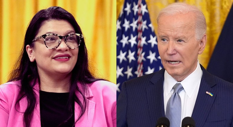 Democratic Rep. Rashida Tlaib had urged Michigan voters to choose 'uncommitted' over Biden in Tuesday's Democratic primary.AP Photos/Carlos Osorio and Evan Vucci