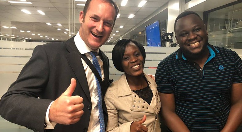 4G Capital Group Limited Wayne Hennessy-Barrett with Winnie a small Duka owner and Tony Kuchio, CEO of Buymore POS a digital point of sale app provider. (Facebook/4GCapitalKenya)