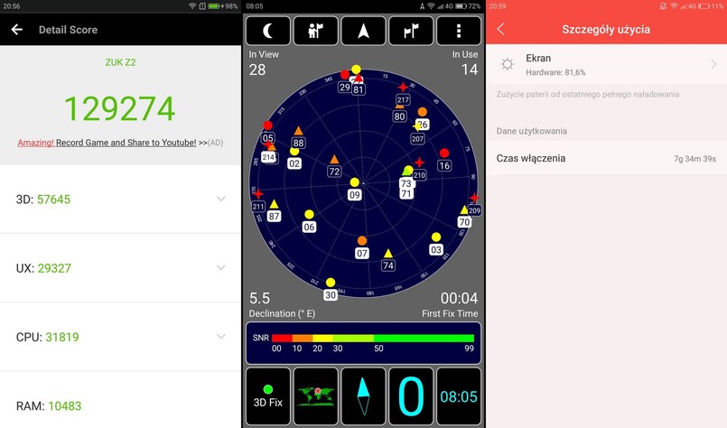 AnTuTu Benchmark, GPS, czas pracy na baterii