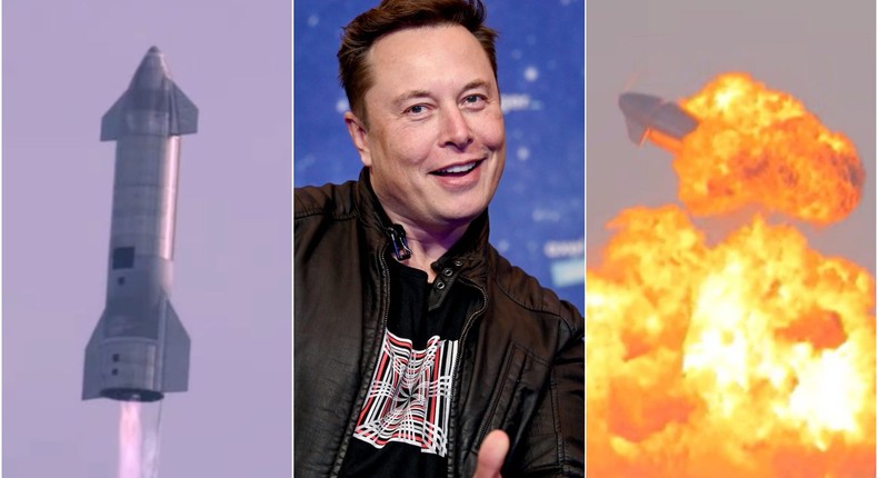 Elon Musk (center) wants Starships to fly to Mars. But so far the only prototype to land successfully (left) exploded 10 minutes later (right).
