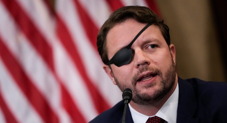 Republican Rep. Dan Crenshaw of Texas speaks during a meeting with House Republicans on August 30, 2021 in Washington, DC.
