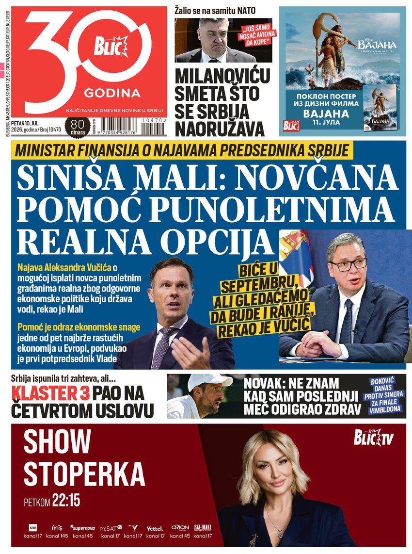 Blic naslovna strana za 10.7.