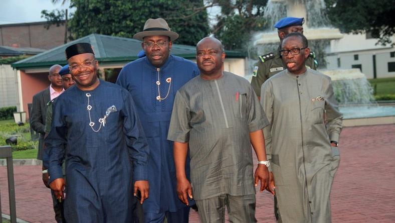 From L-R Akwa-Ibom state Governor, Udom Emmanuel, Governor Seriake Dickson of Bayelsa state, Nyesom Wike, Governor of Rivers state and Delta state Governor, Ifeanyi Okowa (Premium Times)