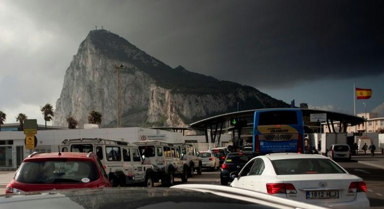 Vehicles queue at the border of the British Colony of Gibraltar in La Linea de la Concepcion on April 6, 2017