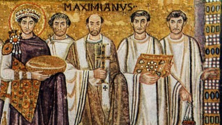 Biskup Maksymian w otoczeniu diakonów, mozaika z kościoła San Vitale w Rawennie