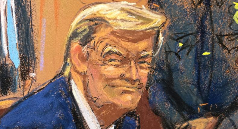 A court sketch of Donald Trump in court in Manhattan for a pretrial hearing in his hush money case.Jane Rosenberg
