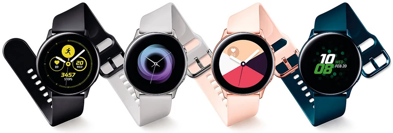 Galaxy Watch Active dostępny jest w tych czterech wariantach z różnymi kolorami obudowy i bransoletki. Temat wyświetlacza można zmieniać według upodobania