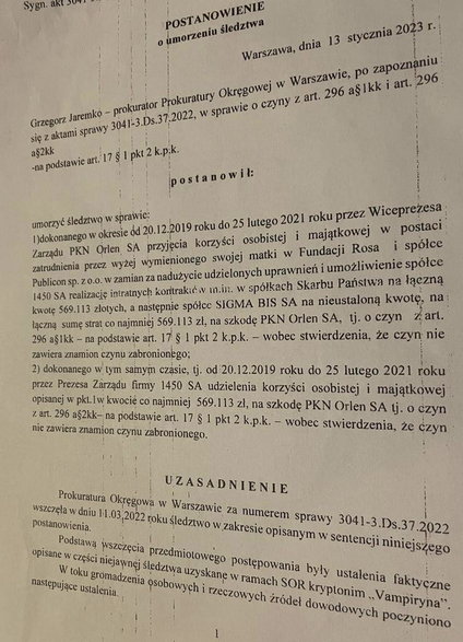 Fragment postanowienia o umorzeniu śledztwa w sprawie kontaktów Radosława Tadajewskiego i Adama Buraka