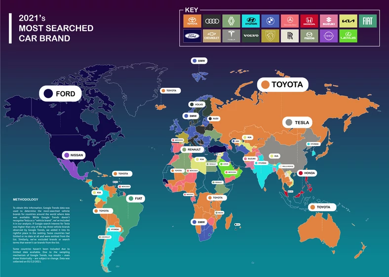 Najczęściej wyszukiwane marki samochodowe w Google w 2021 r.