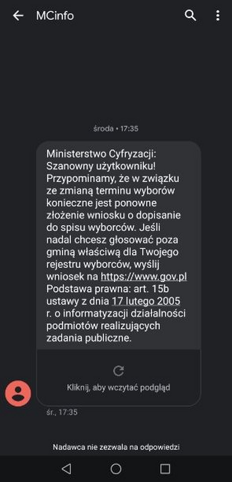SMS z Ministerstwa Cyfryzacji
